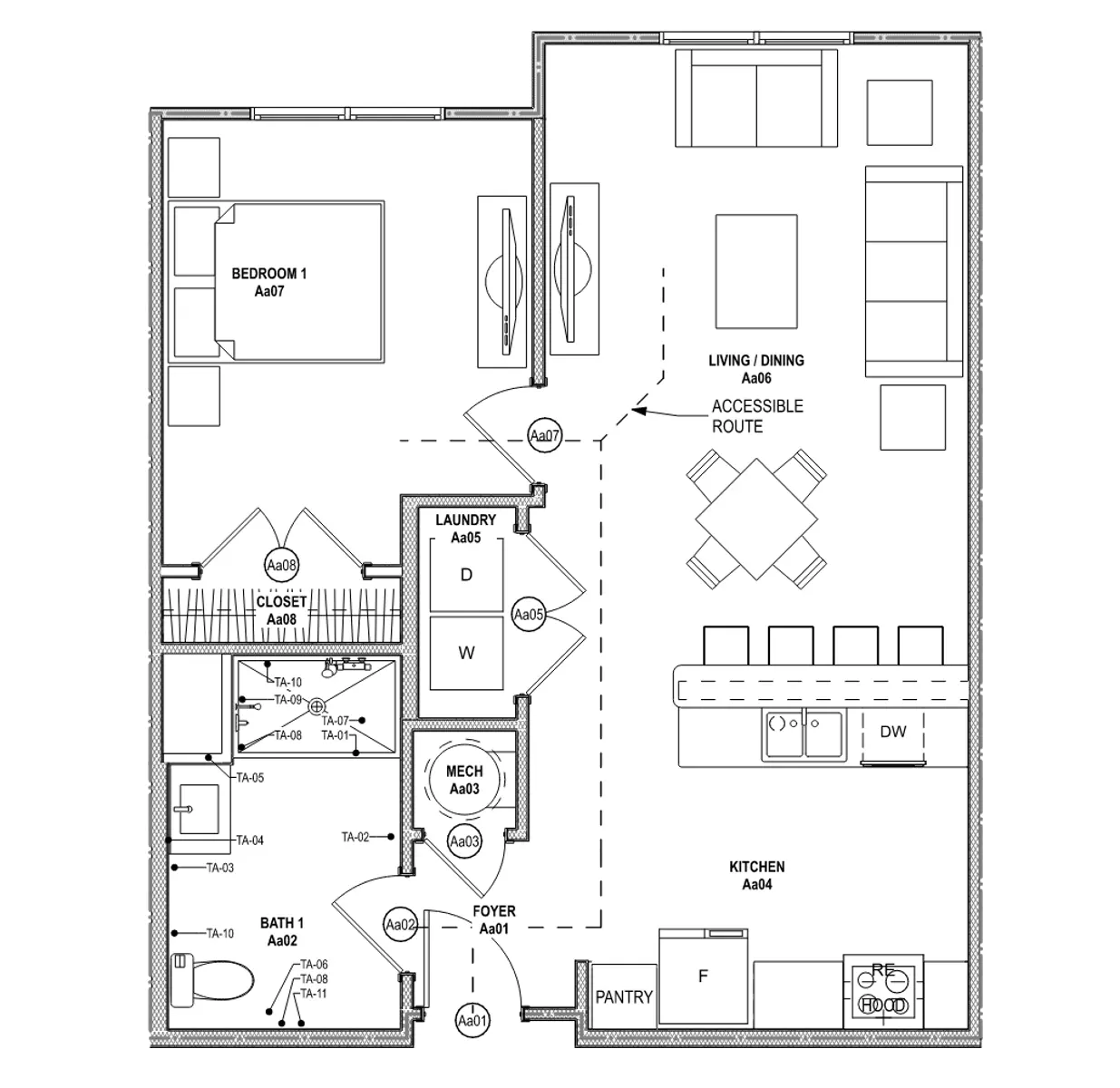 A detailed floor plan of a house featuring labeled rooms including a kitchen, living/dining area, two bedrooms, a bathroom, and a laundry space.