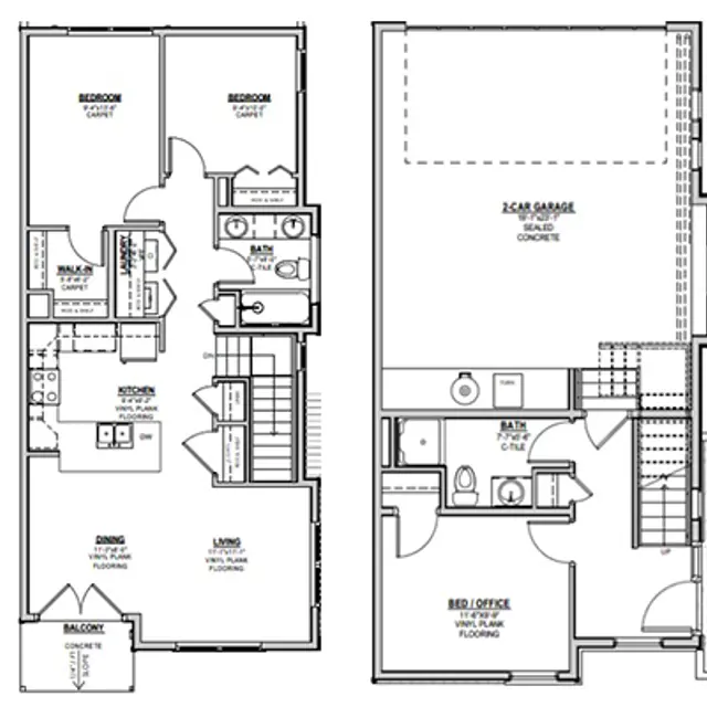 Two-Story House Floor Plan Architectural floor plan of a two-story house, showing two bedrooms, a kitchen, living and dining areas on the first floor, and additional rooms including a garage and an office or bedroom space on the second floor.