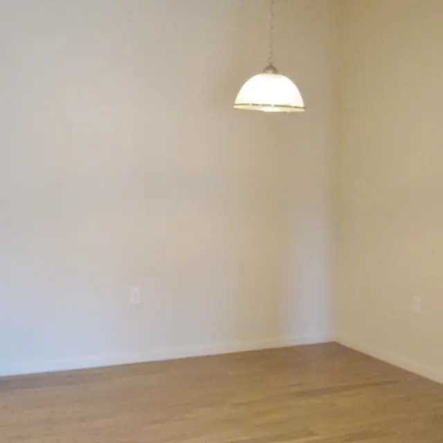An empty dining area with a pendant light hanging above a countertop and a closed door on the right. The walls are painted light colors and the flooring is wood-like.