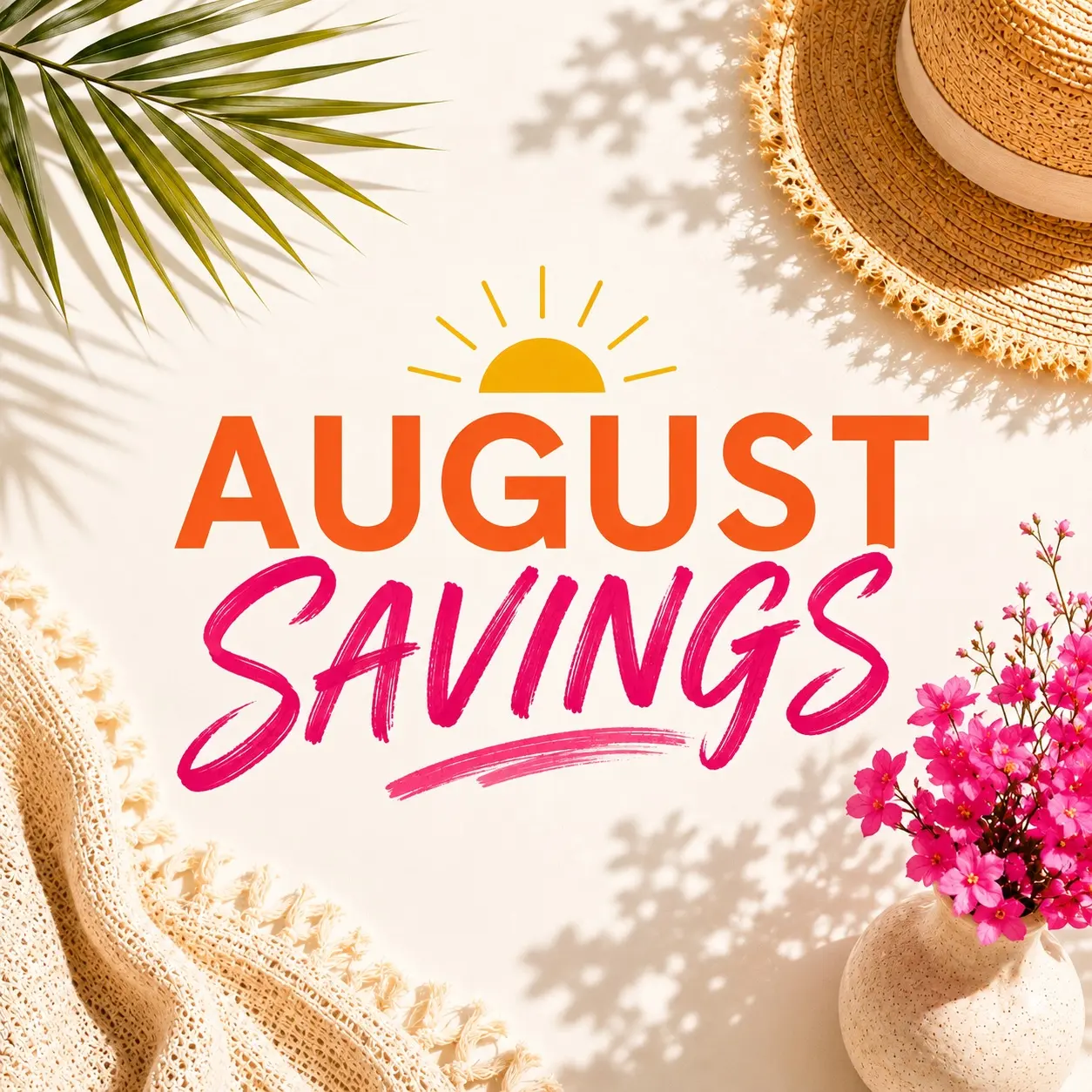 Text graphic promoting August savings with a sun illustration and floral accents.