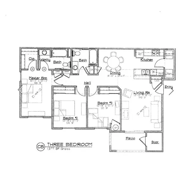 A blueprint of a three-bedroom apartment layout, featuring a kitchen, dining area, living room, and three bedrooms marked as 'Master', 'Bedroom 2', and 'Bedroom 3'.