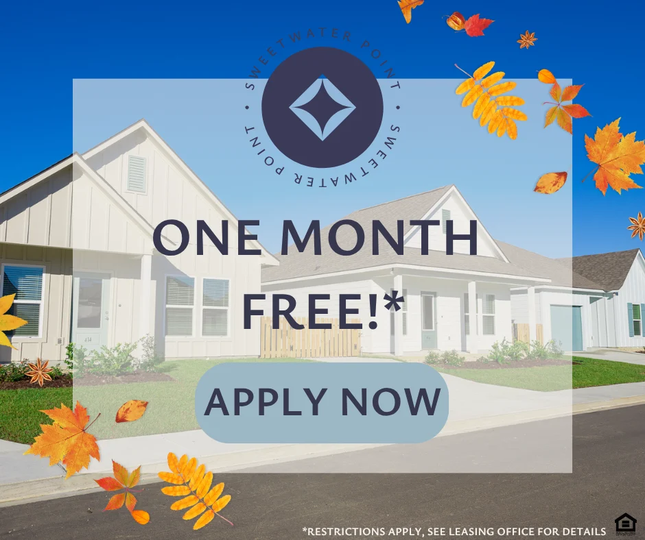 Seawater Point - One Month Free Promotion Promotional graphic for Seawater Point showcasing homes with a seasonal autumn theme and a special offer.