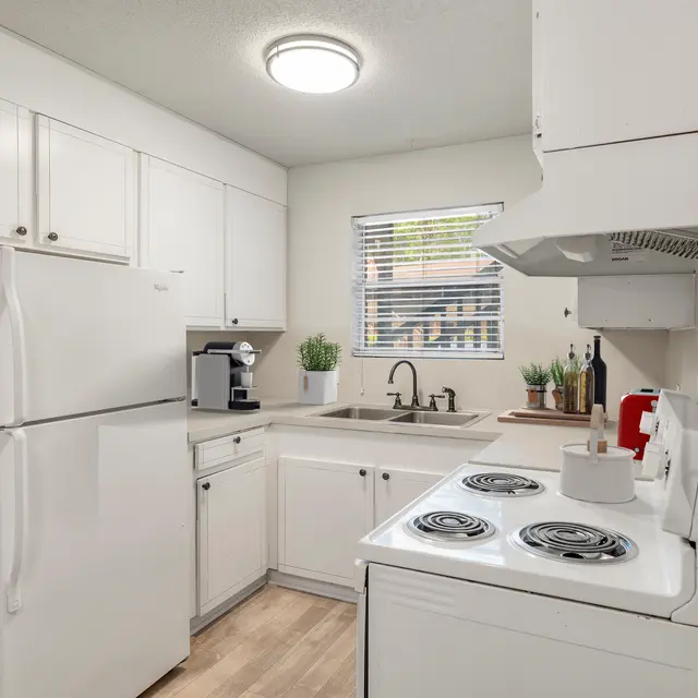 A modern kitchen featuring white cabinetry, a refrigerator, a stove, and a sink with a window above it. The countertop is neatly organized with kitchen utensils and plants. Wooden flooring completes the clean look.