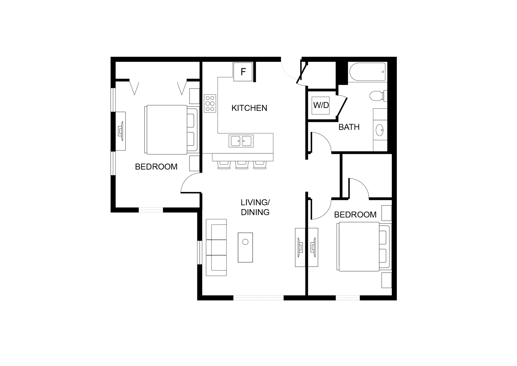 A floor plan layout of a two-bedroom apartment featuring a kitchen, living/dining area, and a bathroom.