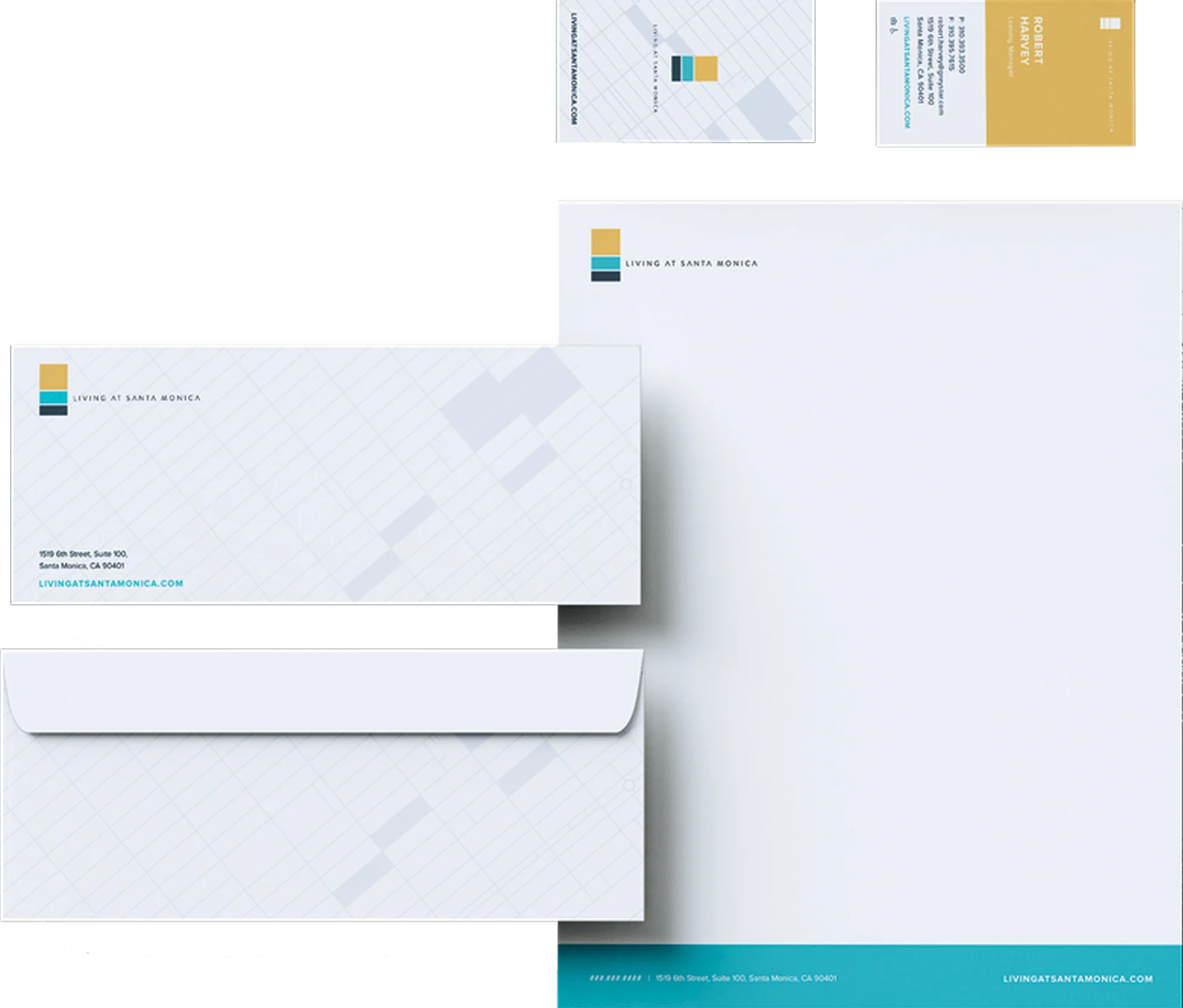 Modern Branding Materials A set of branding materials including a business card, letterhead, and envelope, all featuring a modern design with geometric patterns and a color palette of blue and gold.