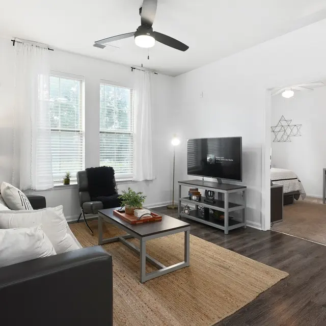A modern living room featuring a dark leather sofa adorned with white pillows, a coffee table with decorative items, and a ceiling fan. Large windows with sheer curtains allow natural light. A television is placed on a stand, with a doorway leading to a bedroom in the background. There's a small plant and a chair in the corner, enhancing the cozy atmosphere.