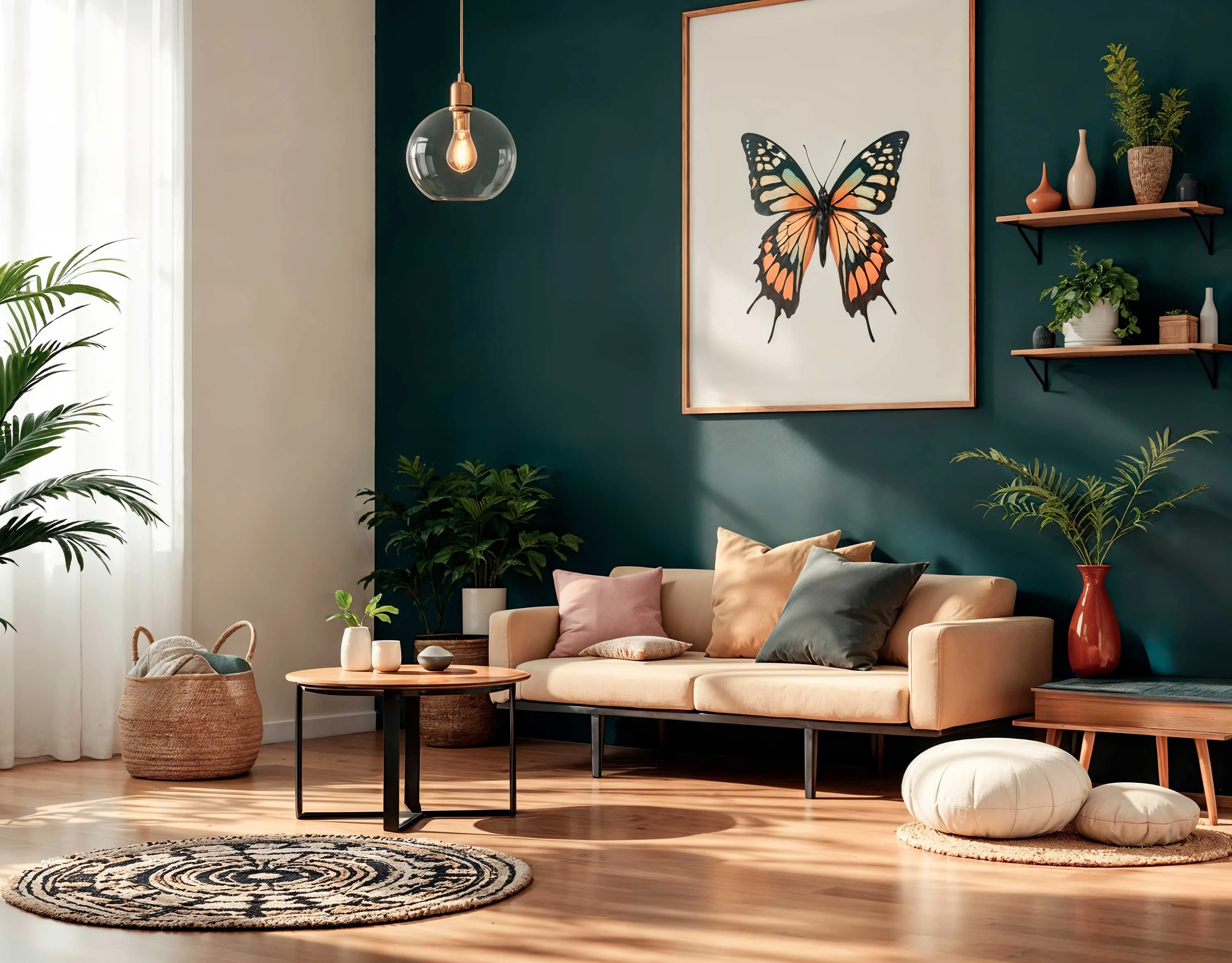 Stylish Living Room Decor A stylish living room featuring a green wall with a large butterfly painting, a beige sofa adorned with colorful cushions, a round coffee table, and various plants.