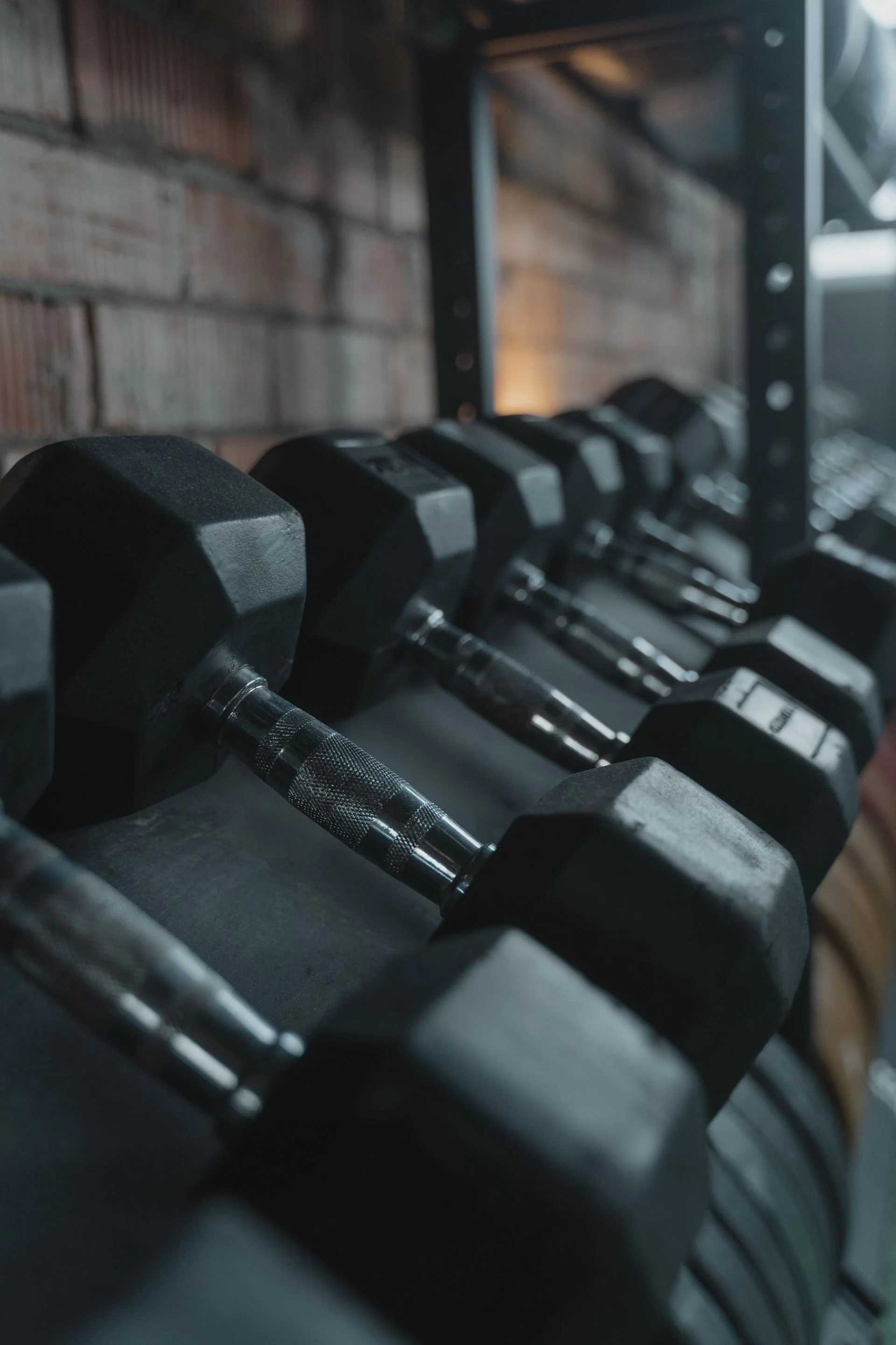 A close-up view of an organized row of dumbbells on a rack, with a brick wall in the background.