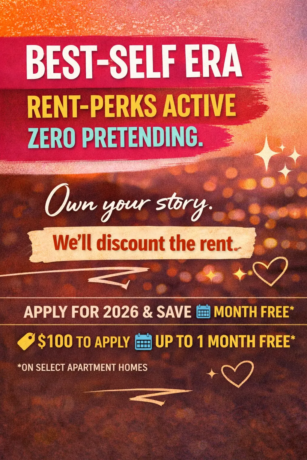Best-Self Era Apartment Rental Promotion Promotional advertisement for apartment rentals highlighting discounts and application details.