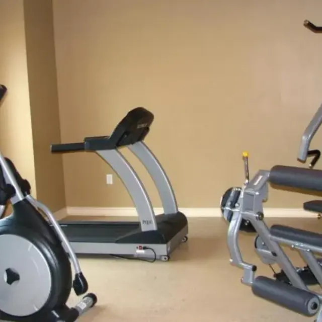 A small home gym featuring an elliptical machine, a treadmill, and a weight machine against a beige wall with a window letting in natural light.