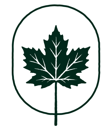 A dark green stylized maple leaf inside an oval outline.
