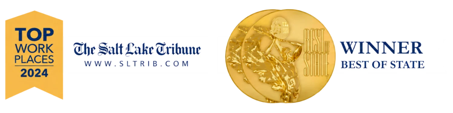 Award banner for Top Work Places 2024 from The Salt Lake Tribune, features a gold medal image and text indicating the winner of Best of State.