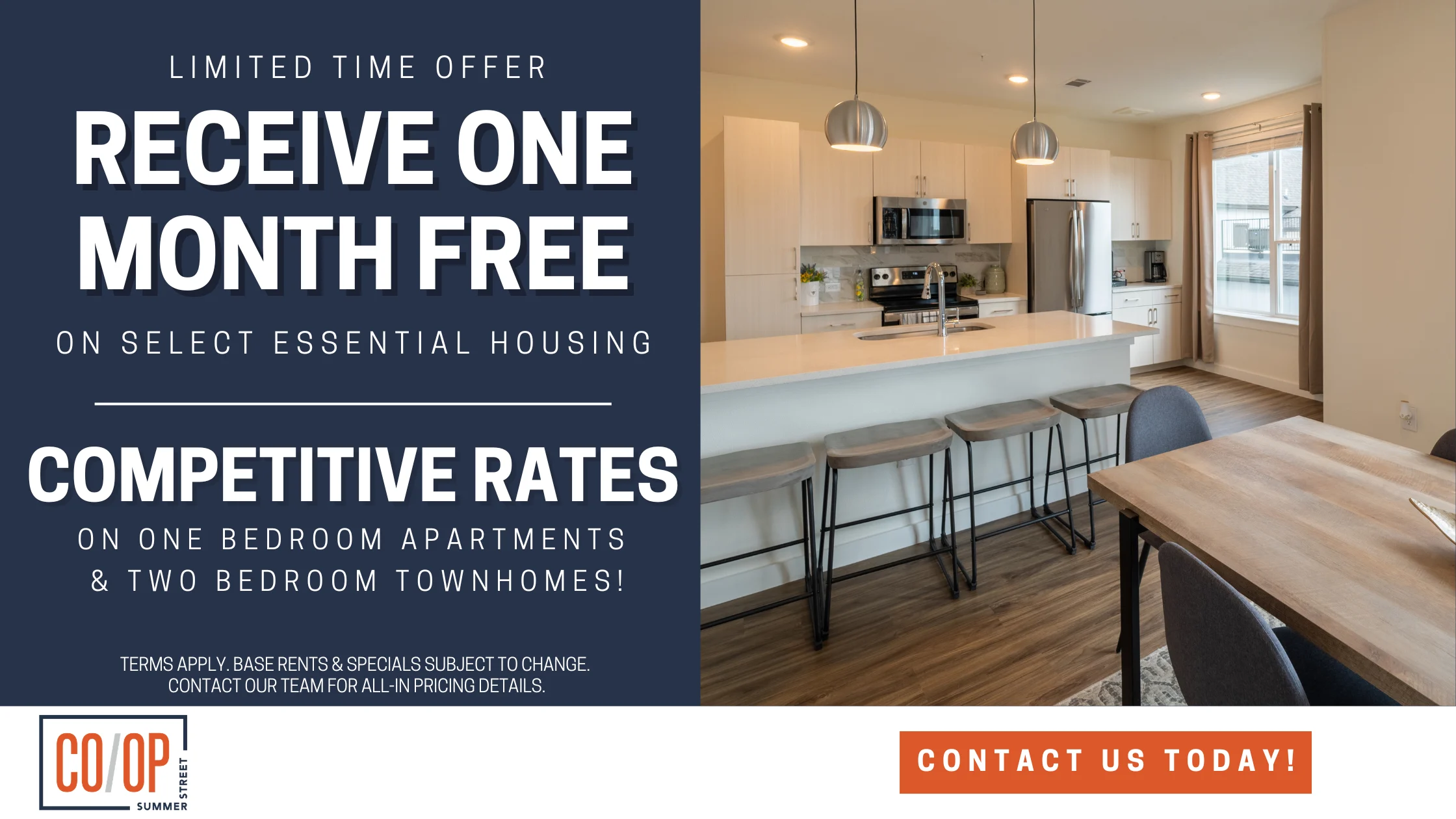 Promotional advertisement for housing featuring a modern kitchen and dining area, highlighting a special offer of one month free rent.