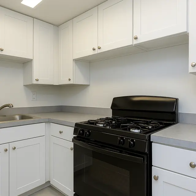 Modern Kitchen Design A modern kitchen featuring white cabinets, a black gas stove, and a stainless steel sink.