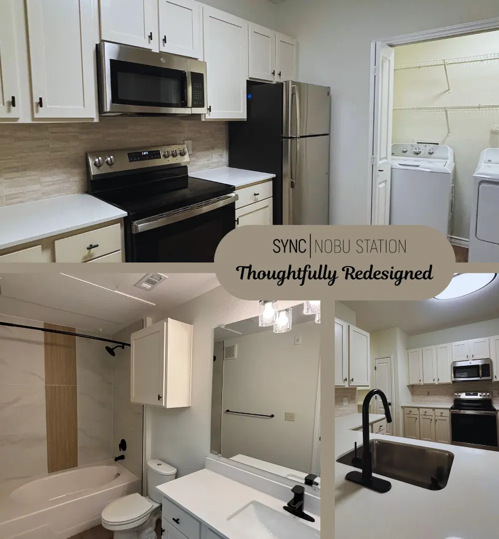 A collage of a modern kitchen, laundry area, and bathroom featuring a stylish design with white cabinets and contemporary appliances.
