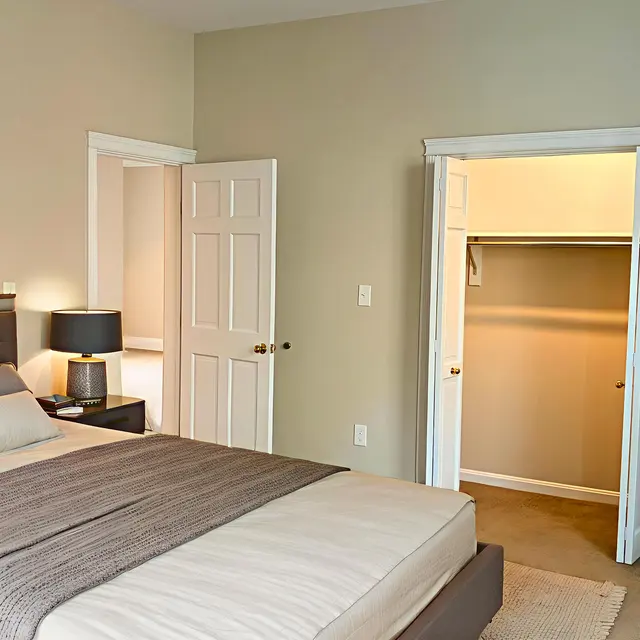 A modern bedroom featuring a queen-sized bed with light gray bedding, a bedside table with a lamp, and a framed piece of art on the wall. There's a walk-in closet visible on the right with doors open and a plant beside the closet.