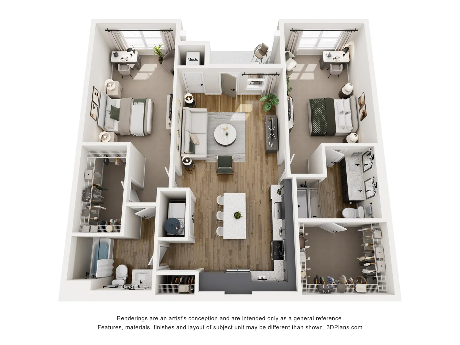 Modern Apartment Floor Plan A top-down view of a 3D apartment layout featuring multiple rooms including two bedrooms, a living room, a kitchen, and bathrooms. The design is modern with furniture placements and decor.