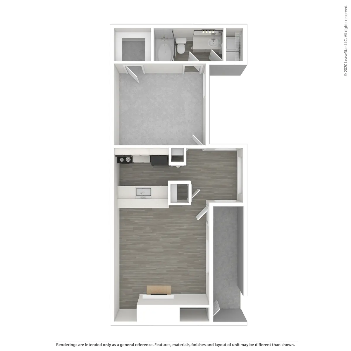 A top-down layout of a one-bedroom apartment featuring a living area, kitchen, bathroom, and bedroom, with modern design elements.