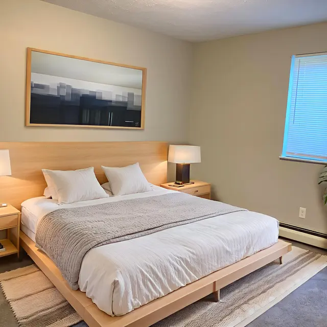 A modern bedroom featuring a light wood bed frame with white bedding, two bedside lamps on wooden tables, a piece of wall art above the bed, a potted plant, and a window with light filtering through.