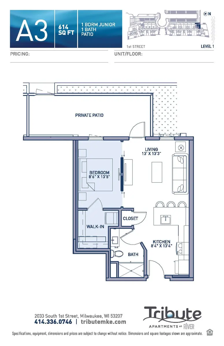 Floor plan of a 1-bedroom junior apartment with dimensions and layout features including a living room, kitchen, bathroom, private patio, and closet.