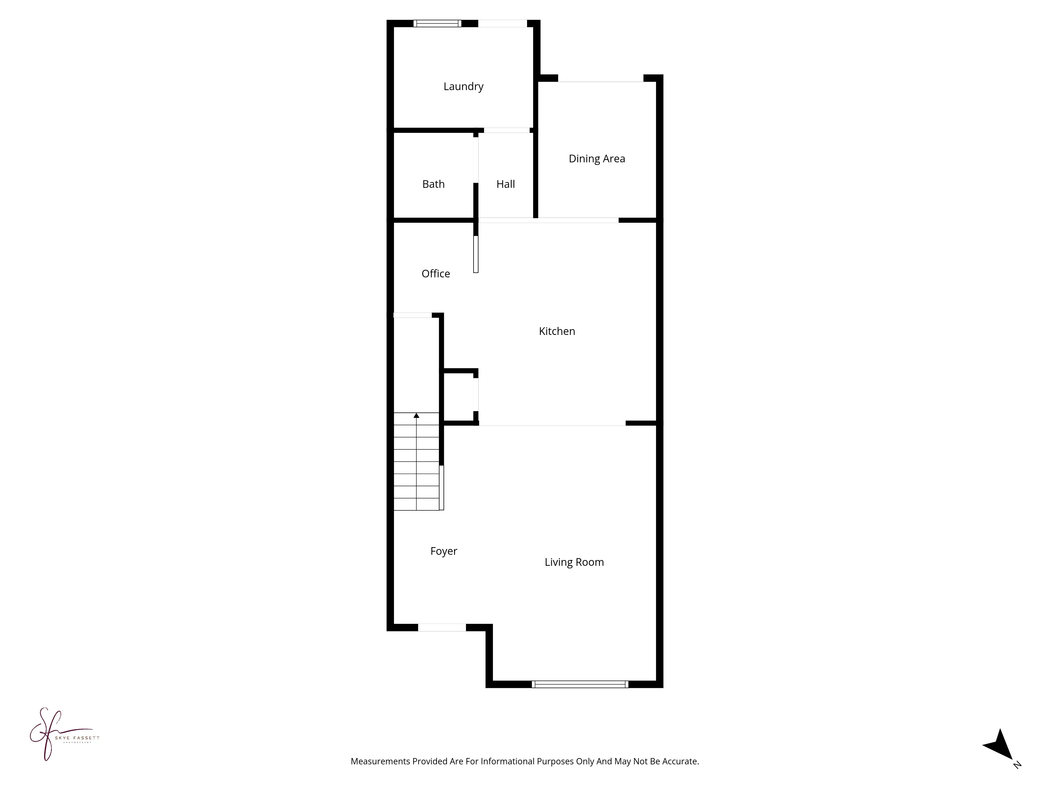 Residential Floor Plan Layout A black and white floor plan diagram of a house layout, showing rooms including a Laundry, Bath, Office, Kitchen, Dining Area, Living Room, and Foyer with stairs.