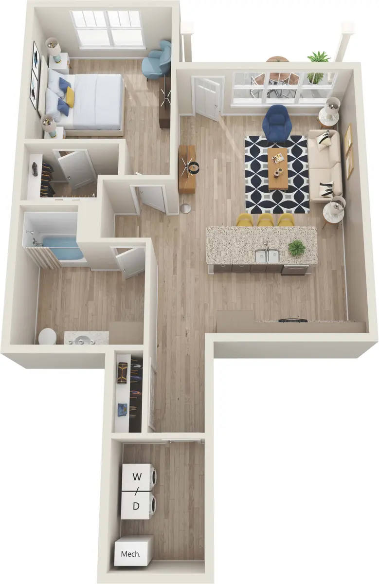 One-Bedroom Apartment Floor Plan A top-down view of a one-bedroom apartment layout. It features a living area with a kitchen, dining space, a bedroom, bathroom, and laundry area. The furniture includes a sofa, coffee table, and dining table on a patterned rug.