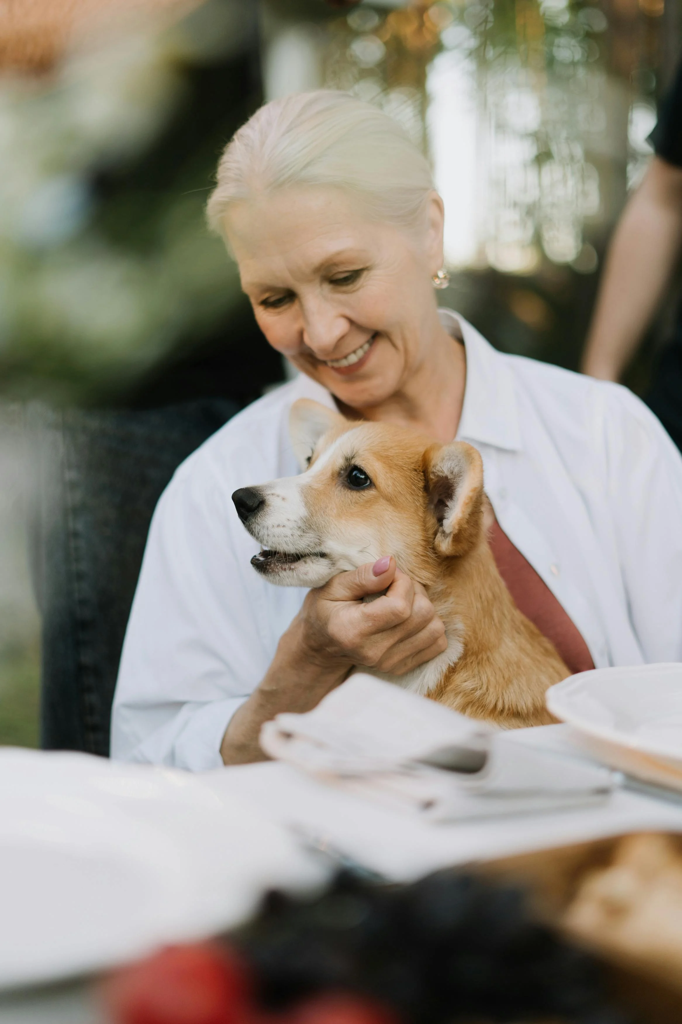 Woman Enjoying Time with Corgi A smiling older woman sitting with a corgi dog on her lap, surrounded by a table with dishes in a warm outdoor setting.