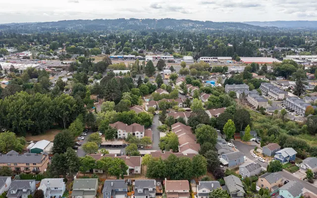 Aerial view showing a residential neighborhood with various houses and tree-lined streets. In the background, there are commercial buildings and lush hills. The sky is partly cloudy, adding to the scenic view.