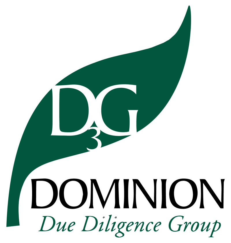Logo for Dominion Due Diligence Group featuring stylized letters D, G, and a green leaf.