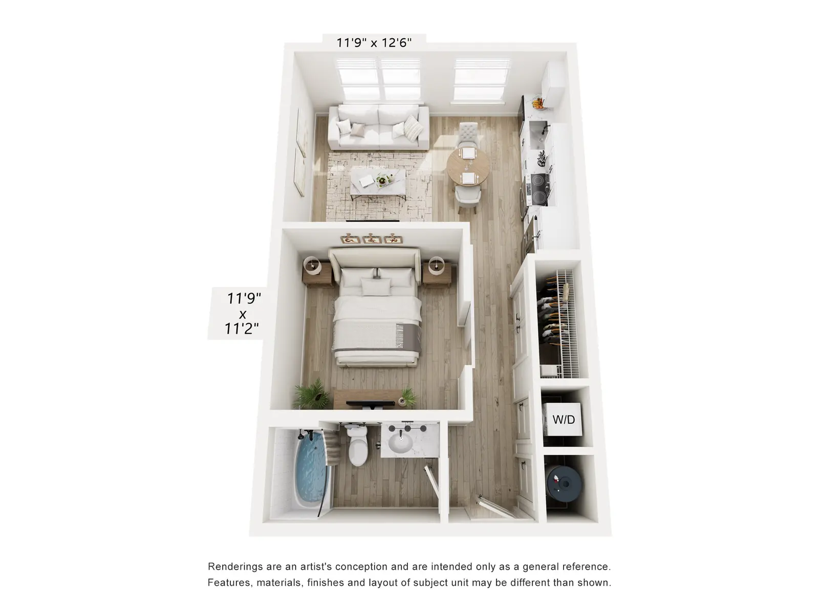 A 3D floor plan layout of an apartment featuring a living area, kitchen, bedroom, bathroom, and a closet. Each area is shown with furniture placement and labeled dimensions.