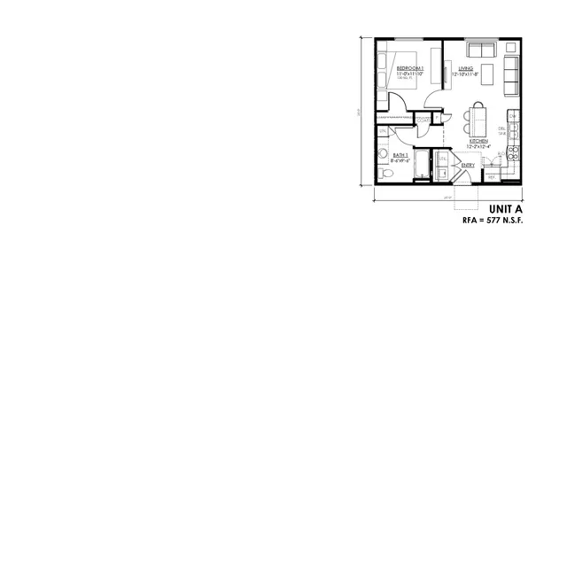 Floor Plan of Unit A A floor plan of a residential unit labeled as Unit A, showcasing the layout of rooms including living space, kitchen, bathroom, and bedroom areas.