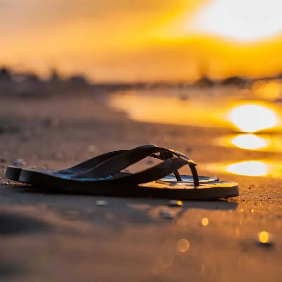 Sunset Beach Flip-Flop A close-up of a single black flip-flop resting on the sand with the sun setting in the background.