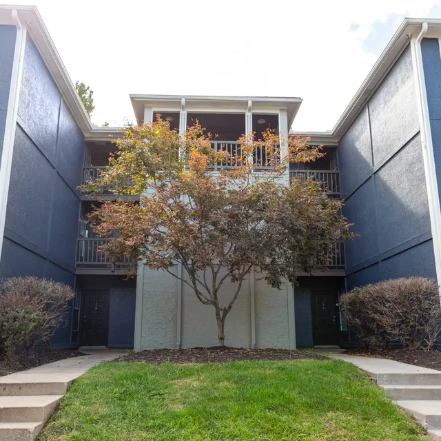A view of a three-story apartment building with dark blue and light gray exterior walls. In front, there are two small shrubs and a tree with green leaves. The path leading to the entrance is made of concrete steps and grass patches are visible on either side.
