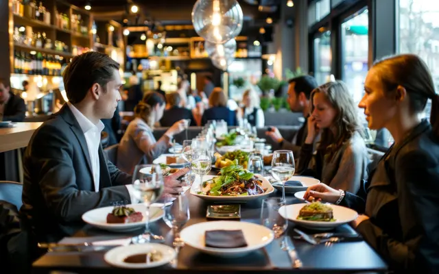 A formal dining setting in a restaurant with multiple guests enjoying a meal. Plates of food are on the table, and there are glasses of wine. The ambiance is bright with modern decor.