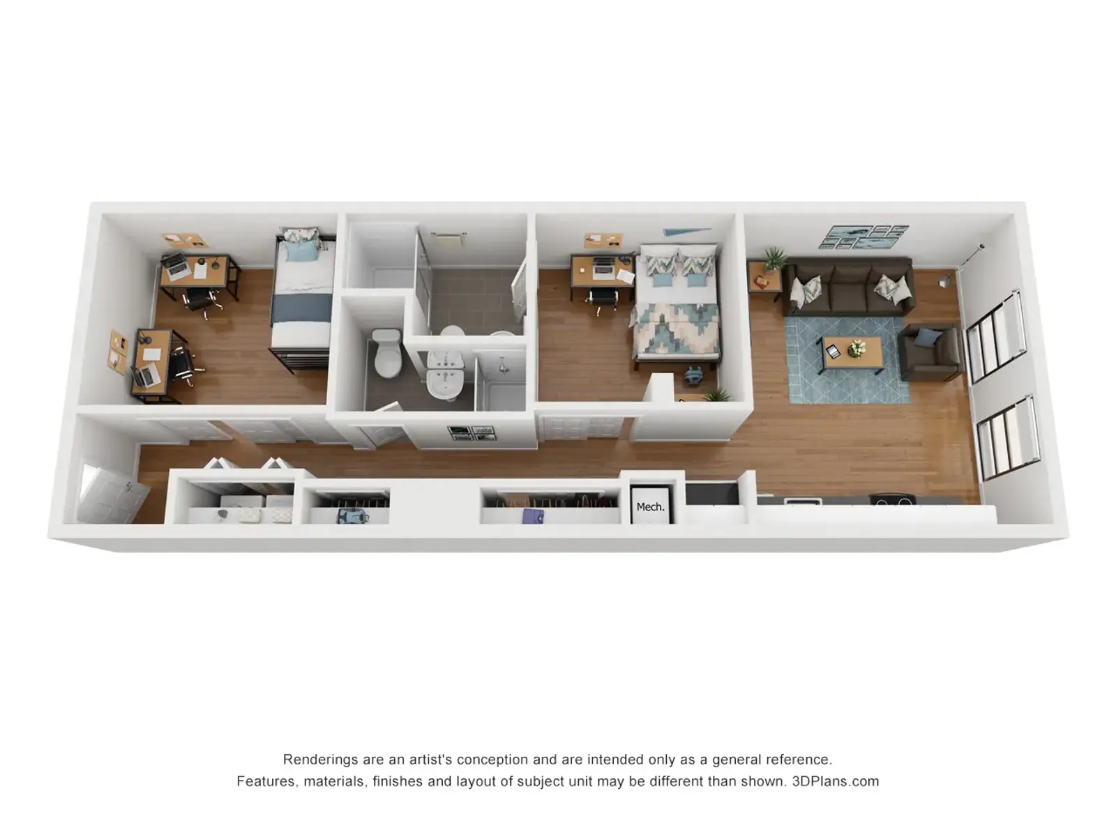 A top-down view of a modern apartment layout, showing various rooms including a living area, kitchen, bathroom, and bedrooms, with furniture illustrated.