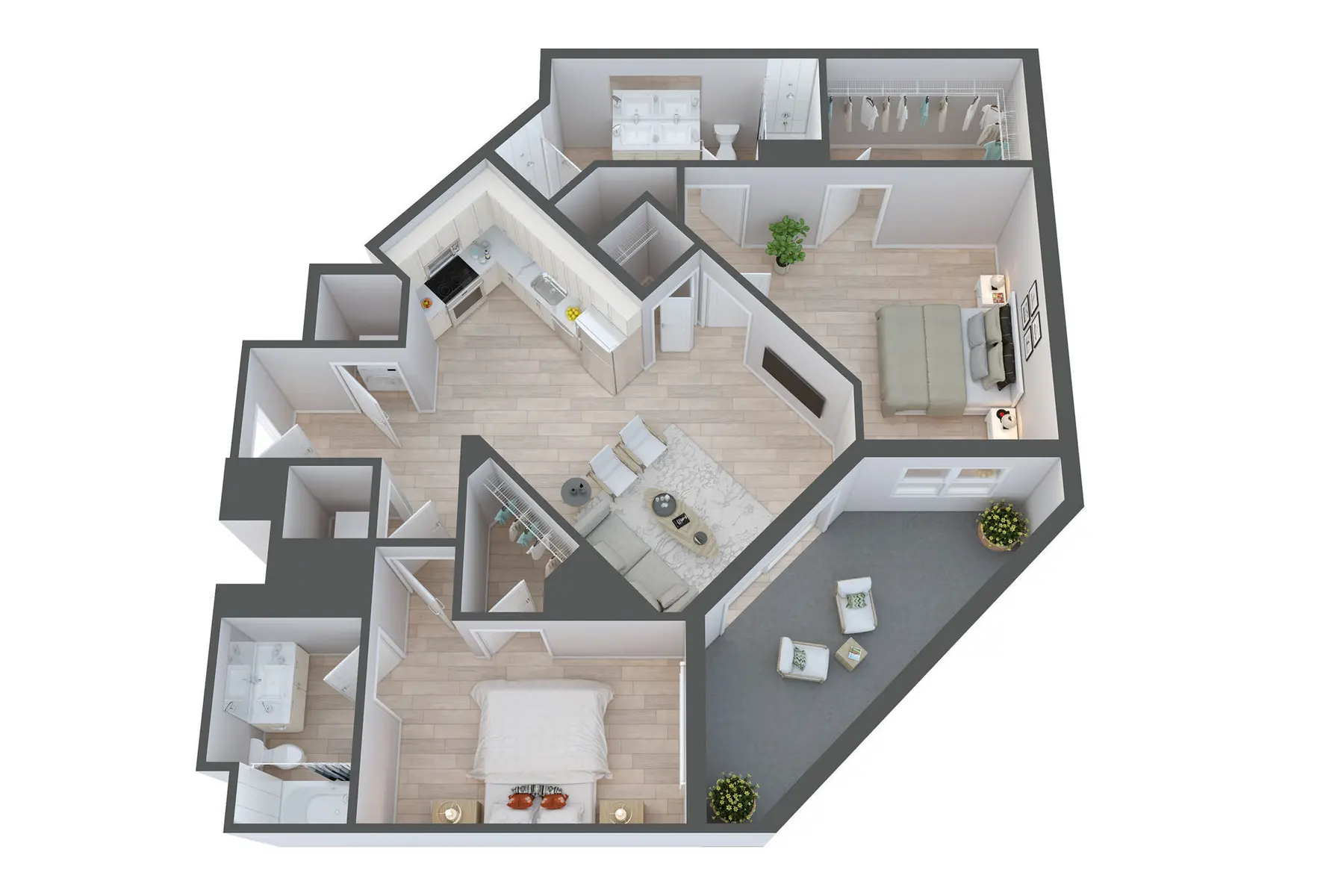3D floor plan of an apartment layout showing various rooms including a living area, kitchen, bathroom, and bedrooms.