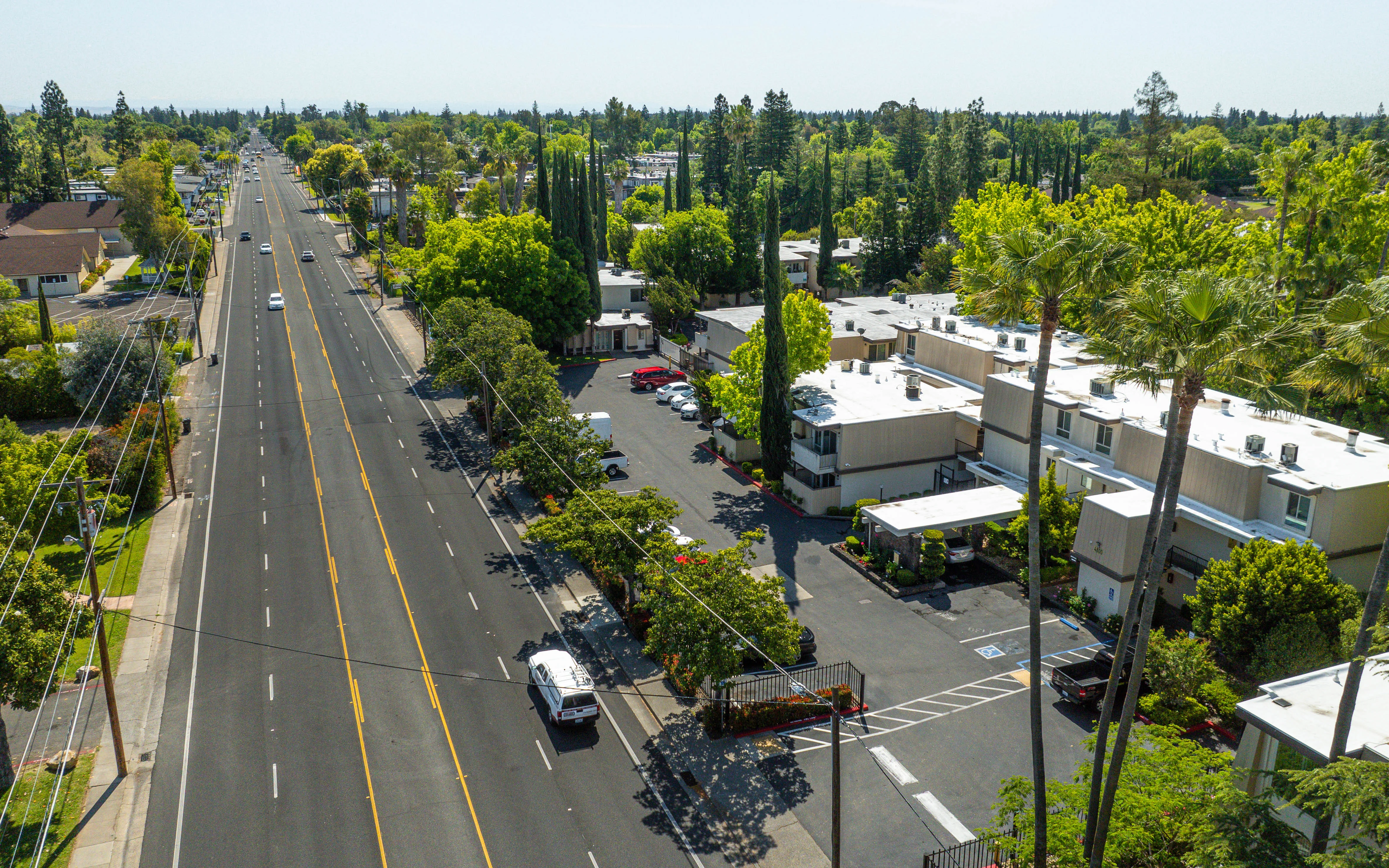 Aerial view of a sunny residential street with trees lining the sides, multiple vehicles parked, and a mix of homes and apartments.