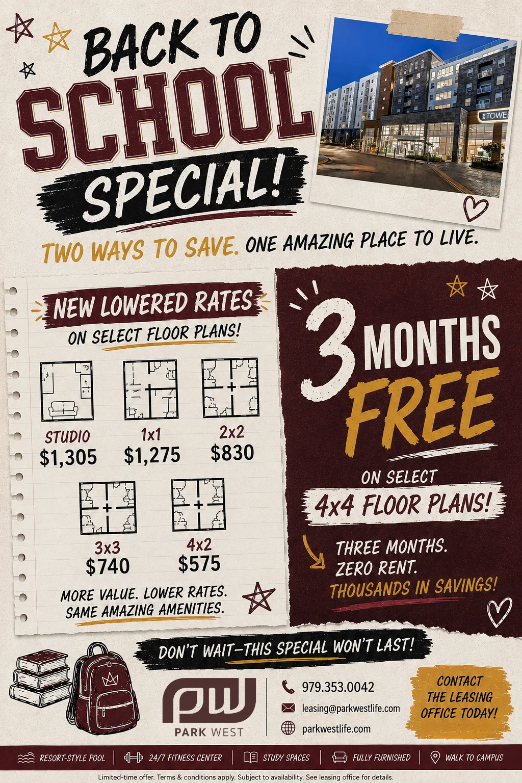 Promotional flyer for Park West's back-to-school special with information about rental rates and offers.