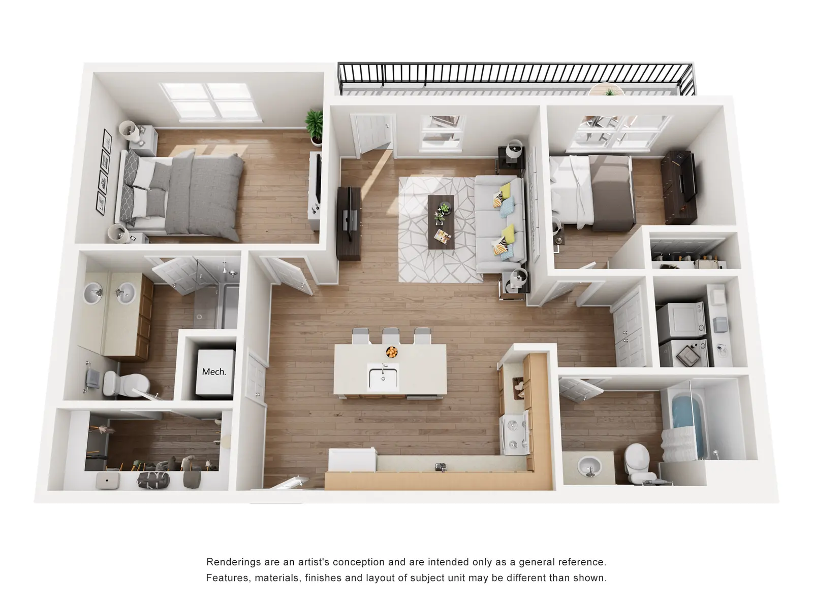 A rendered floor plan of a residential apartment layout, showing multiple rooms including a living area, kitchen, bathroom, and bedrooms.