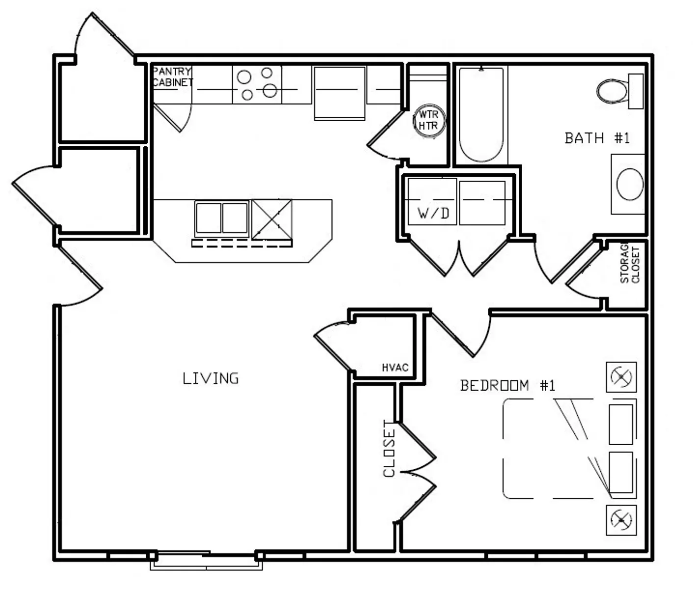 A floor plan of a one-bedroom apartment featuring a living area, kitchen, bathroom, and bedroom.