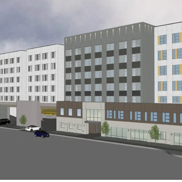 Architectural rendering of a modern multi-story building complex with a mix of residential and commercial spaces.