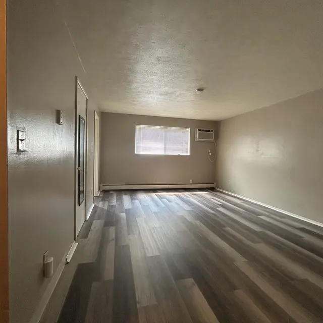 A spacious empty living room with gray wooden flooring and a window with a curtain, an air conditioning unit on the wall, and a doorway leading to another part of the space.