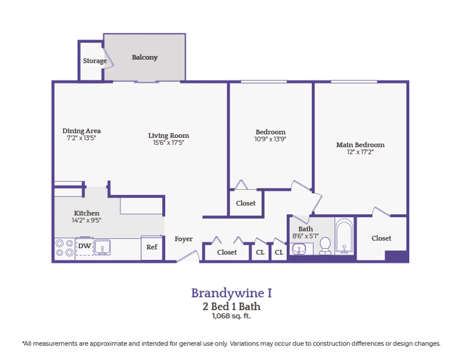 Floor plan for a 2-bedroom, 1-bath apartment labeled Brandywine I, featuring a balcony, storage, and various rooms including a dining area, living room, kitchen, and closets.