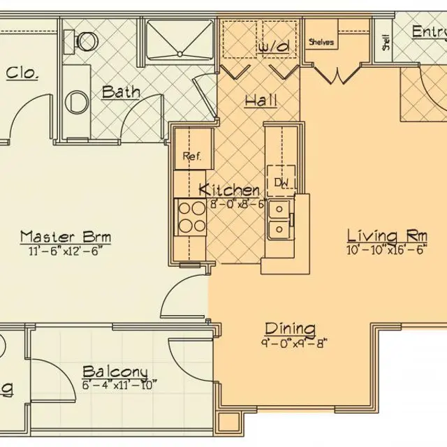 Apartment Floor Plan A detailed floor plan of an apartment layout, featuring a master bedroom, bath, kitchen, living room, dining area, and a balcony.