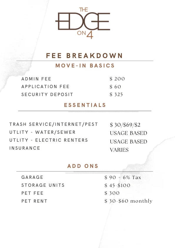 Fee breakdown for The Edge on 4, including move-in basics, essentials, and add-ons.