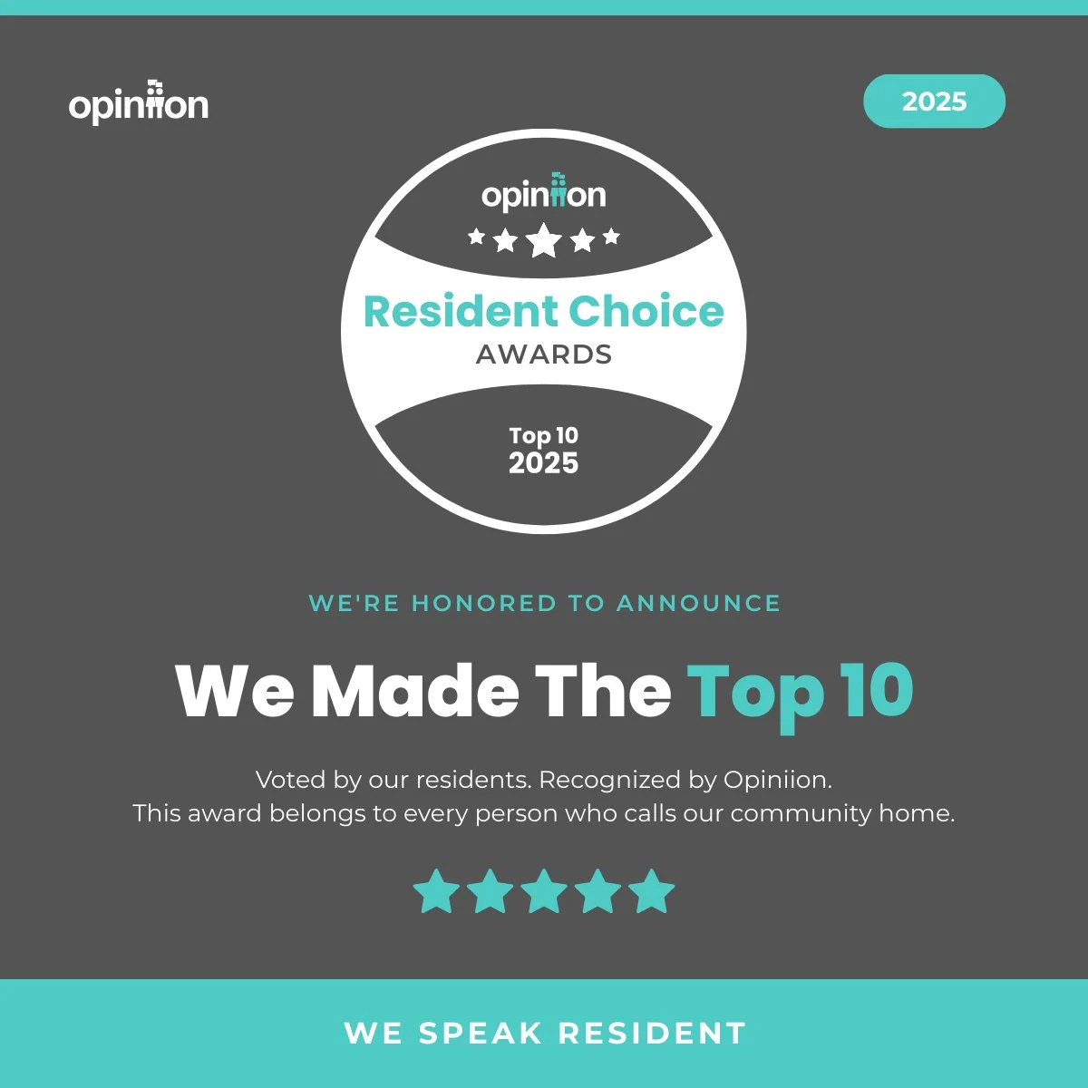 Resident Choice Awards 2025: Top 10 Achievement Announcement graphic for Resident Choice Awards 2025, showcasing a Top 10 achievement.