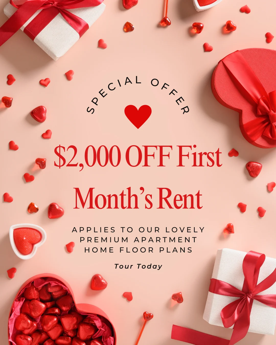 Promotional image featuring decorated presents and heart-shaped candies, highlighting a special offer on rental plans.