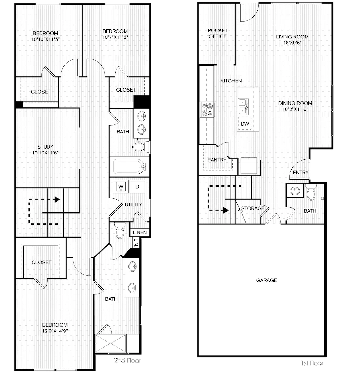 A detailed floor plan of a two-story house featuring various rooms and layouts.