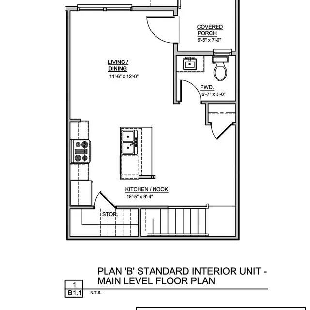 Floor plan of a standard interior unit labeled as Plan 'B' showing the layout of rooms including the living/dining area, kitchen/nook, porch, and powder room.