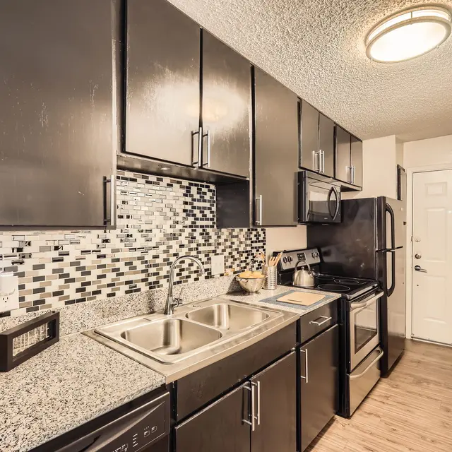 A modern kitchen with black cabinets, a granite countertop, and stainless steel appliances.